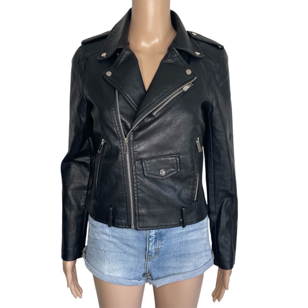 LY VAREY LIN Collared Solid Black Long Sleeve Faux Leather Zip Up Jacket